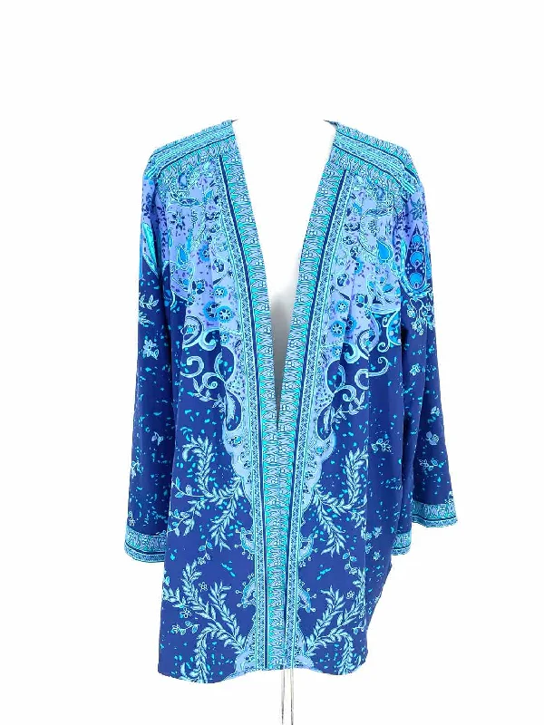 Bob Mackie Women's Blue Open Front Polyester Blend Print Size 1X Cardigan Silk Blend Satin Velvet