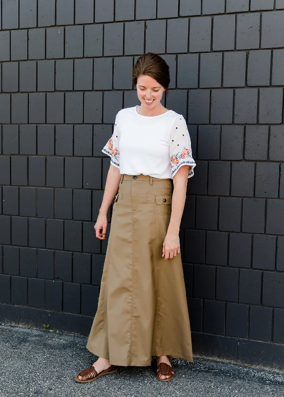 Comfy A-Line Long Khaki Skirt lightweight skirt design