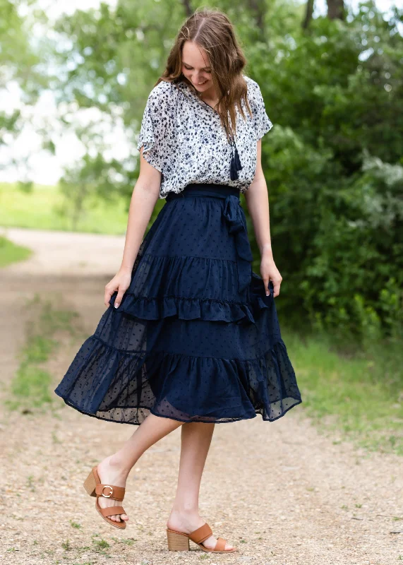 Navy Swiss Dot Tiered Midi Skirt - FINAL SALE chiffon skirt flowing