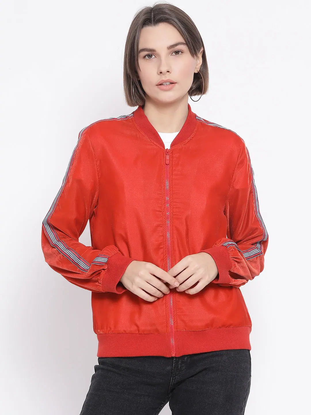 Women Printed Standard Orange Round Neck Full Sleeve Jacket Tailored Jacket Straight Jacket A-Line Jacket Women Printed Standard Orange Round Neck Full Sleeve Jacket Tailored Jacket Straight Jacket A-Line Jacket