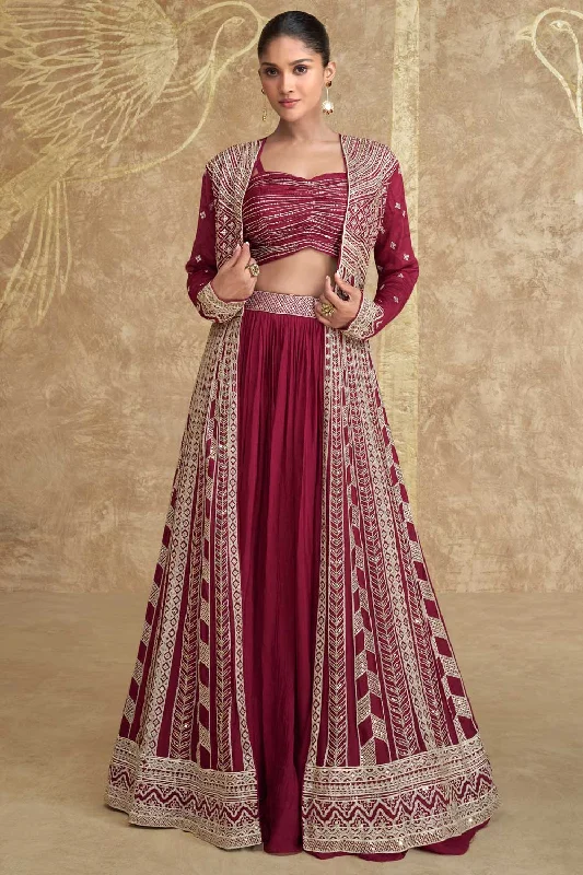 Maroon Color Chinon Silk Fabric Glamorous Readymade Lehenga With Jacket A-Line Jacket Boat Neck Shawl Collar