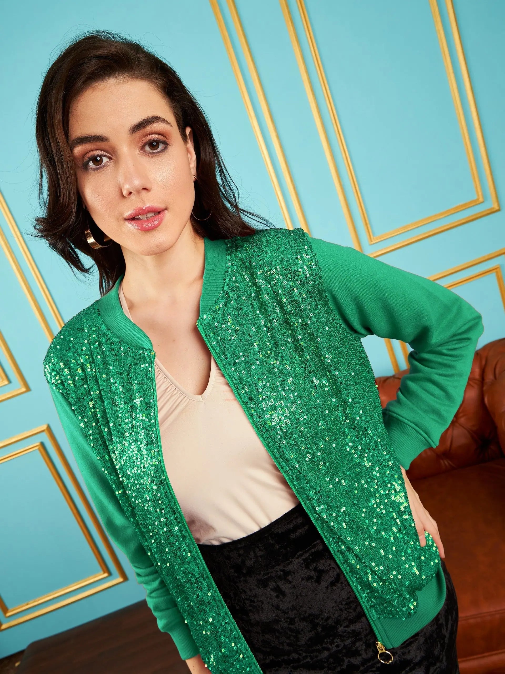 Women Embellished Standard Green Full Sleeve Jacket Mesh Jacket Canvas Jacket Denim Jacket