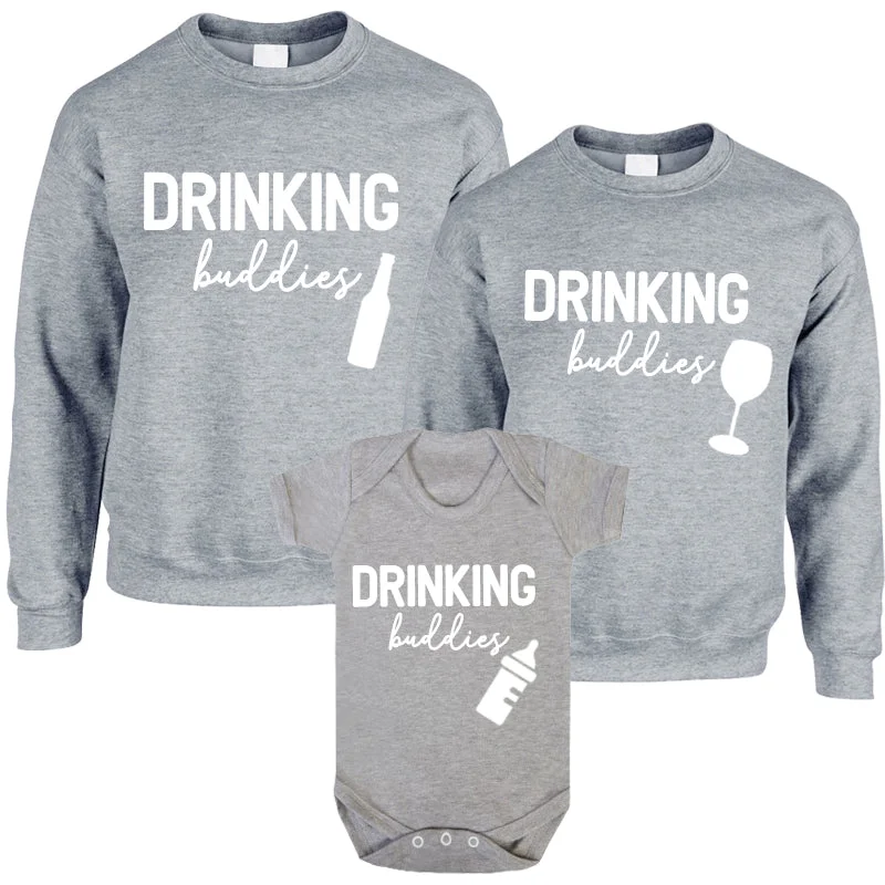 Drinking Buddies Beer, Milk & Wine Bottles Matching Sweatshirts/Baby Vest Grey Hoodie with Bell Sleeves Flared Feminine