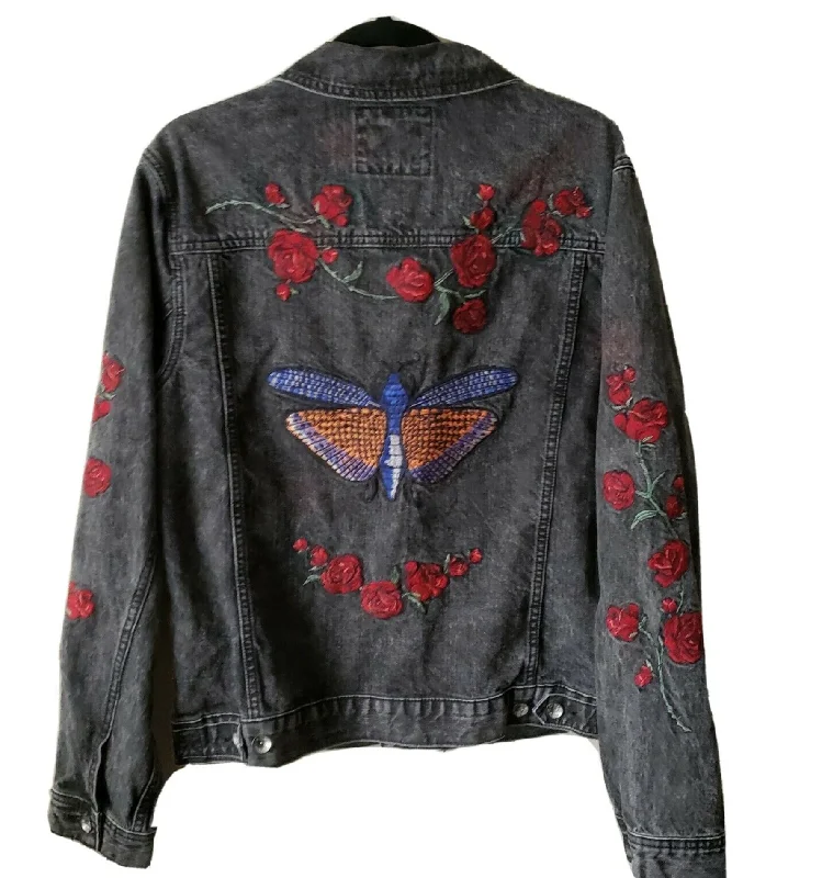 Custom Embroidered Moth Butterfly Red Roses Acid Washed Jean Jacket Tailored Jacket Straight Jacket A-Line Jacket