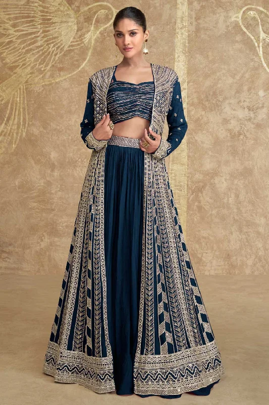 Fabulous Chinon Silk Fabric Navy Blue Color Readymade Lehenga With Jacket Knit Fabric Woven Fabric Fleece Fabric