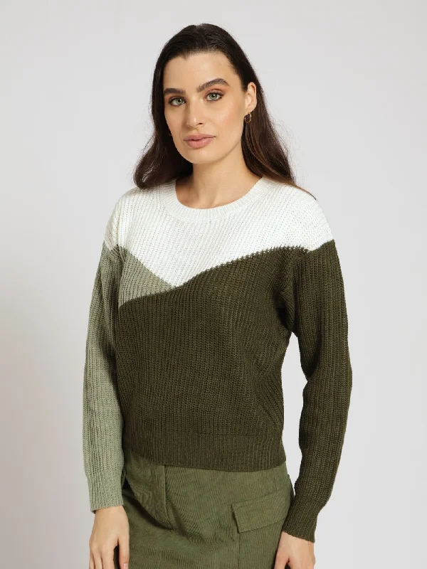 Block Chunky Knit Pullover - Fatigue High Neck Pullover