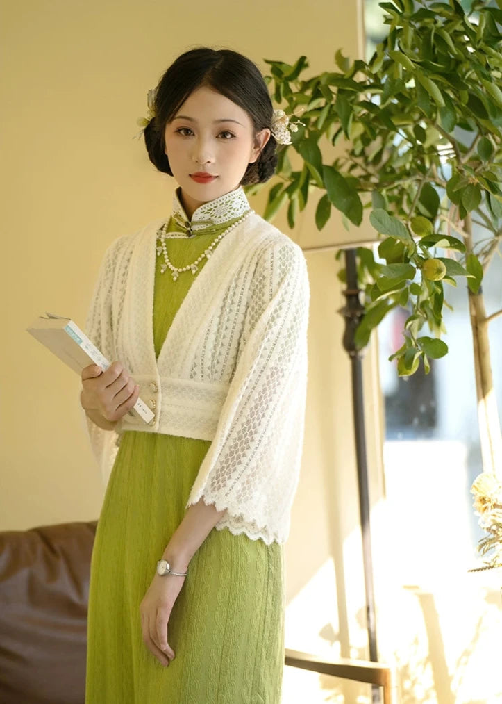 Xue Hua 雪花 Snowflake Republic of China Knitted Lace Qipao Cardigan Zippered Buttoned Snapped