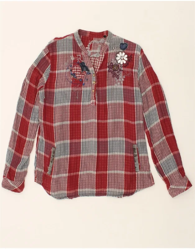 DESIGUAL Womens Graphic Pullover Shirt UK 18 XL Red Check Textured Knit Design
