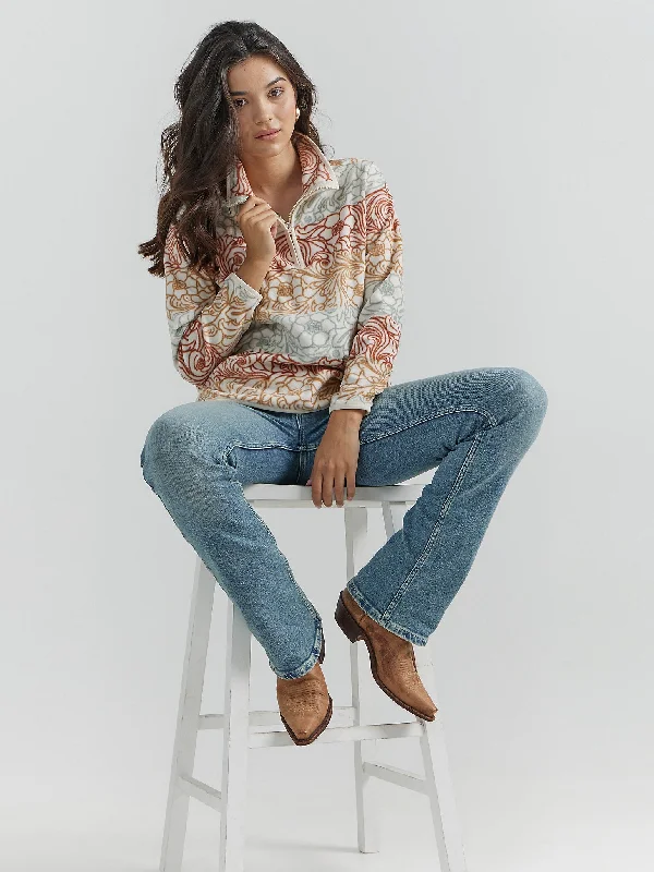 WOMEN'S ALLOVER PRINTED QUARTER-ZIP FLEECE PULLOVER IN SUNSET FLORAL Plunging Neck Pullover WOMEN'S ALLOVER PRINTED QUARTER-ZIP FLEECE PULLOVER IN SUNSET FLORAL Plunging Neck Pullover