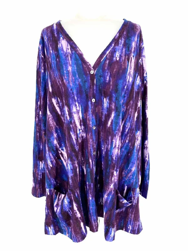 LOGO Lori Goldstein Women's Purple/Blue Button Up Cotton Blend Tie Dye Cardigan Chenille Brocade Lace