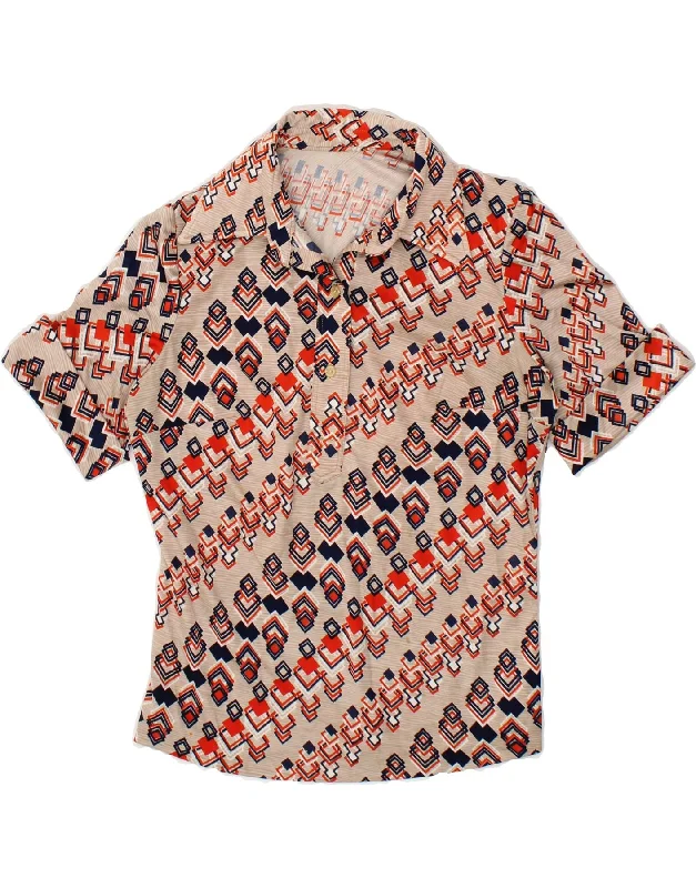 VINTAGE Womens Short Sleeve Pullover Shirt UK 14 Medium Beige Geometric Faux Fur Trim VINTAGE Womens Short Sleeve Pullover Shirt UK 14 Medium Beige Geometric Faux Fur Trim