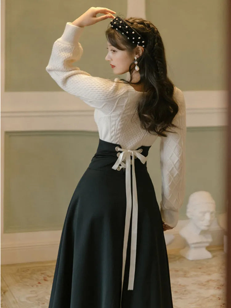 Winter Women Two Piece Set Vintage White Long Sleeve Pullover Sweater & Black Bandage Maxi Skirt Suit Elegant Lady Outfits Ruffled Neck Pullover Winter Women Two Piece Set Vintage White Long Sleeve Pullover Sweater & Black Bandage Maxi Skirt Suit Elegant Lady Outfits Ruffled Neck Pullover