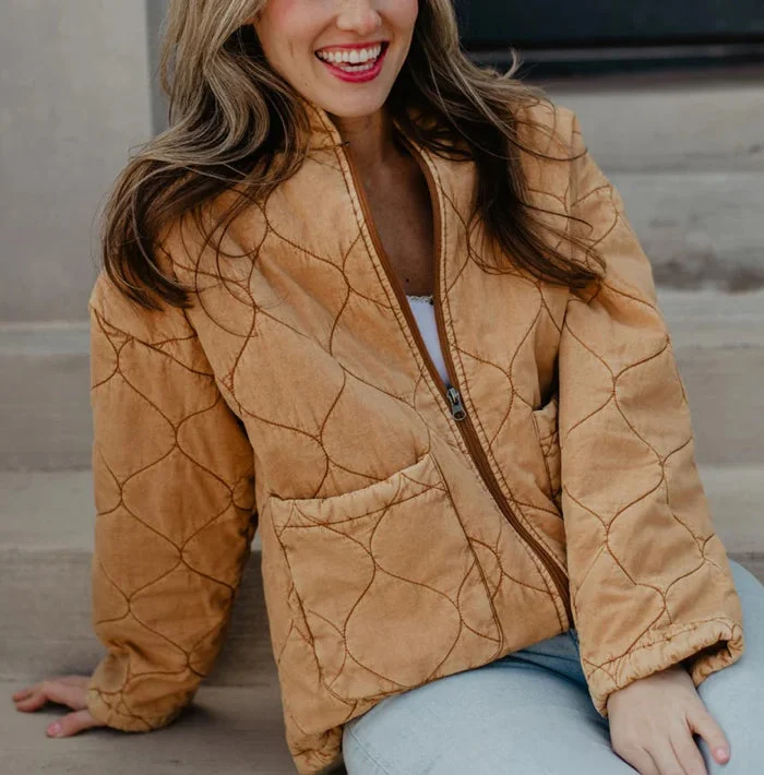 Katydid Washed Quilted Jacket-Camel Plaid Jacket Tartan Jacket Houndstooth Jacket