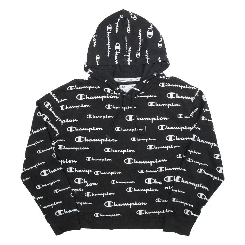 CHAMPION Logo Print Hoodie Black Pullover Womens L Set Sleeve Pullover