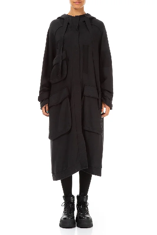 Hooded Three Pockets Black Cotton Jacket Ribbed Jacket Pleated Jacket Ruffled Jacket