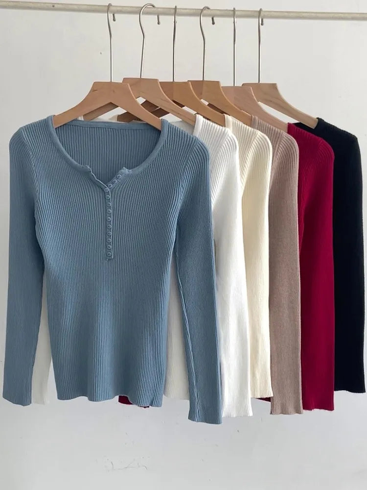 2024 Autumn Winter Button V Neck Sweater Women Basic Slim Pullover Women Sweaters And Pullovers Knit Jumper Soft Warm Tops Chenille Soft Sweater