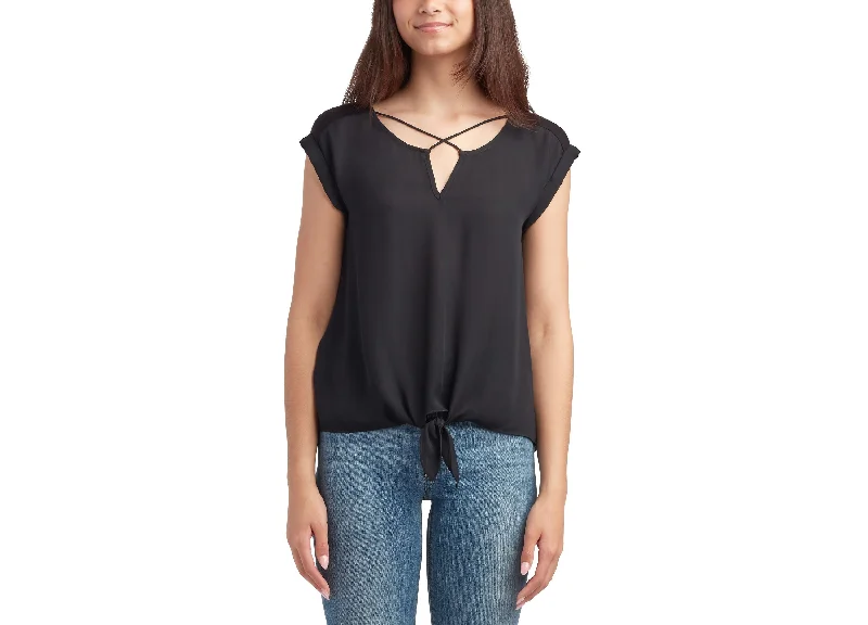 Juniors' Lattice-Detail Split-Neck Pullover Top Cold Shoulder Design