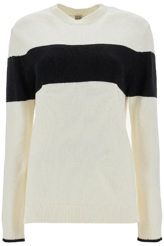 Crewneck Pullover With Contrasting Band  - White Textured Knit Design