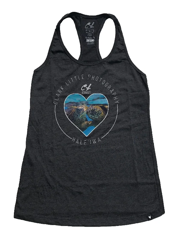 Womens Racerback Tank: Honu Kiss (Dark Grey Heather) cropped tank top