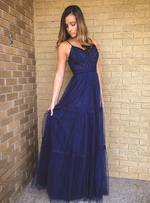 A-Line Navy Blue Tulle Spaghetti Straps Appliques Prom Dress    cg12886
