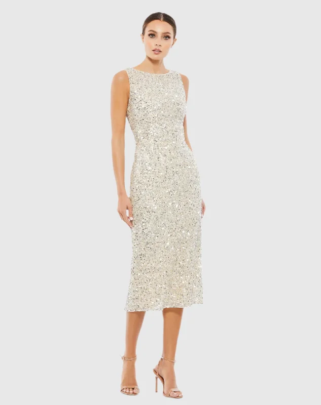 Silver Sleeveless Sequined Midi Sheath Dress