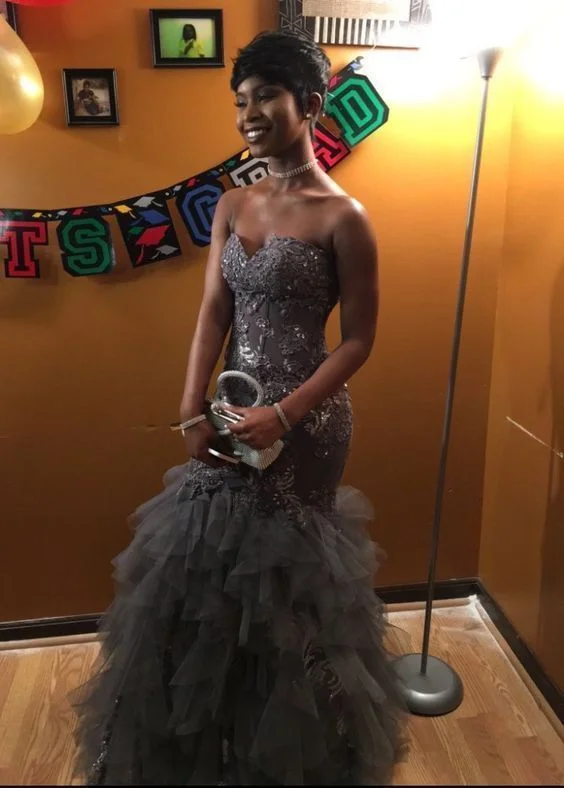 Grey Mermaid Tulle Prom Dresses Sweetheart Lace Bodice Tiered Black Girl African Girl Evening Formal Gowns   cg13205