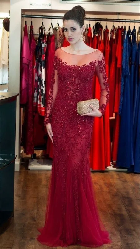 Elegant Long Sleeve Lace Appliques Prom Dresses,Mermaid Prom Dresses    cg13413