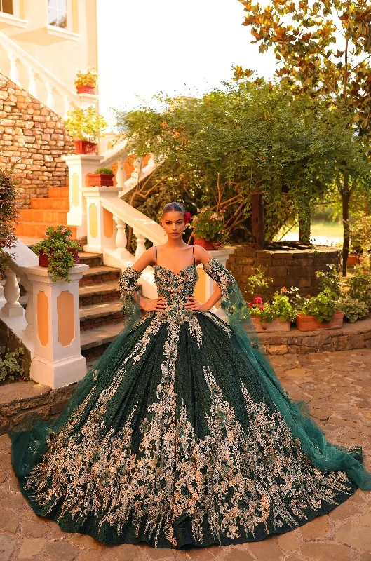 Amarra 54326 Long Glitter Cape Sleeve Quinceanera Dress