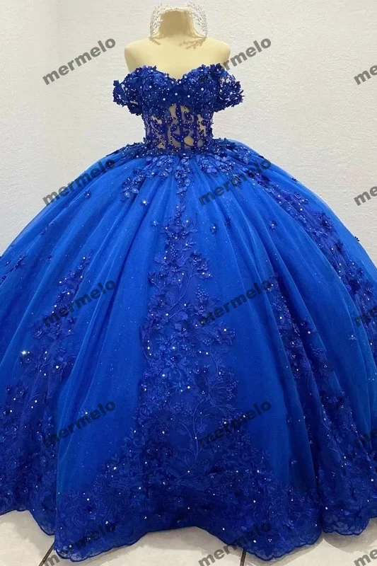 Royal Blue Quinceanera Dresses Shiny Lace Birthday Party Ball Gown