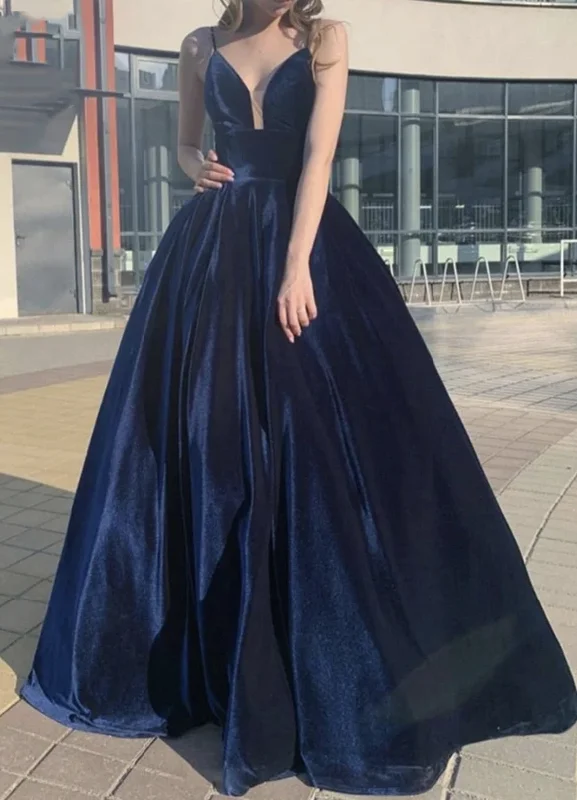 A line velvet long prom dress blue evening dress   cg12779