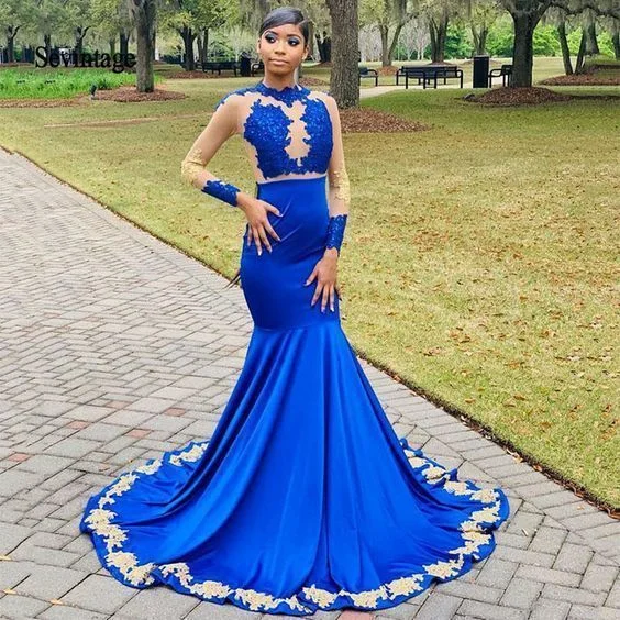 Royal Blue Mermaid Prom Dresses Gold Lace Prom Gowns Illusion Long Sleeve Evening Dress cg13386 Royal Blue Mermaid Prom Dresses Gold Lace Prom Gowns Illusion Long Sleeve Evening Dress cg13386