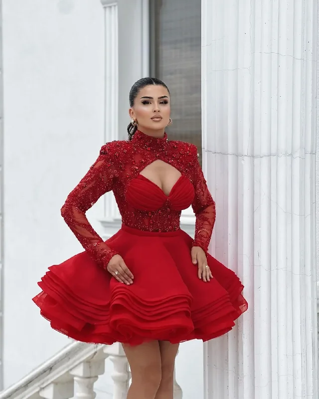 Red High Neck Full Sleeves Beaded Applique Short Tiered Ruffles Prom Dresses Custom Made Girl Wear