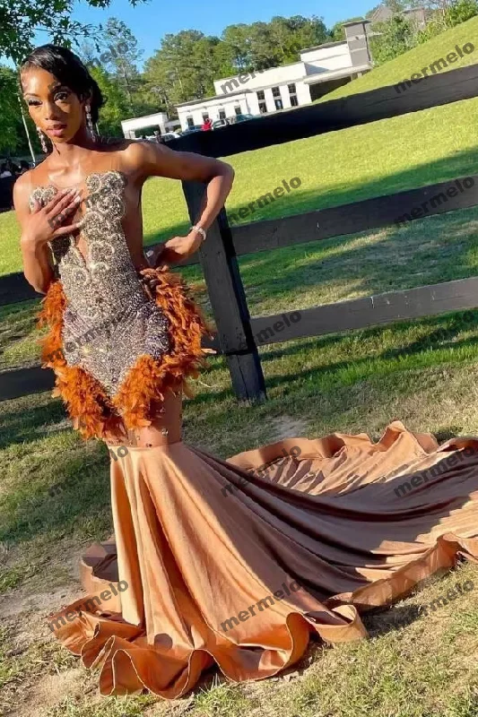 Brown Ostrich Feathered Short Prom Dress for Black Girl Luxury Diamond Crystal African Birthday Homecoming Gown Brown Ostrich Feathered Short Prom Dress for Black Girl Luxury Diamond Crystal African Birthday Homecoming Gown