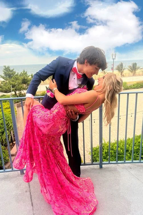Pink Mermaid V-neck Sequined Long Prom Dress, Evening Dress With Slit cc1203