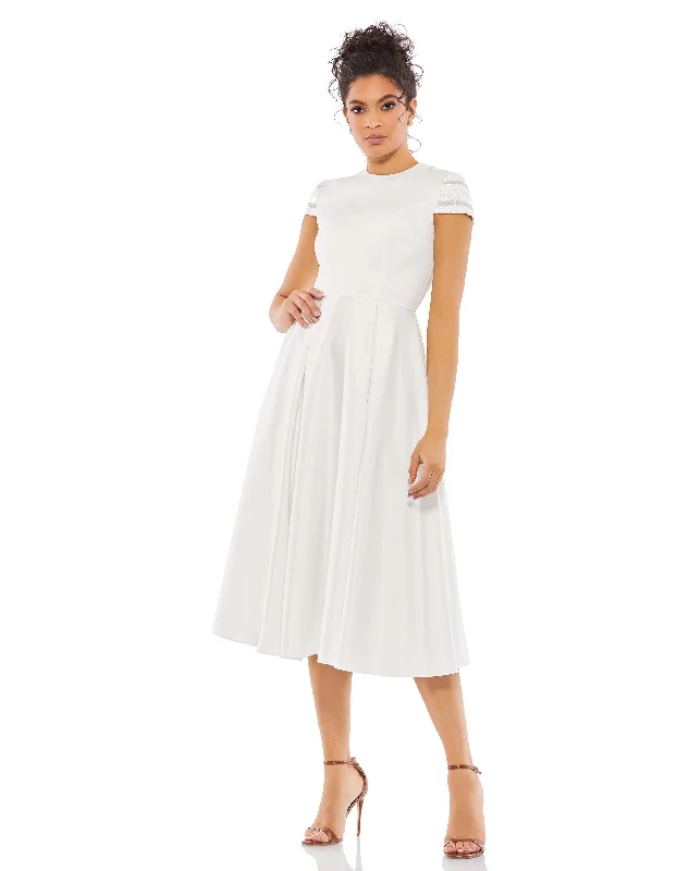 White High Neck Cap Sleeve Tea Length Dress