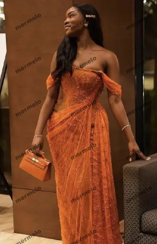 Orange Prom Dresses Off The Shoulder Birthday Outfits Long Formal Dress