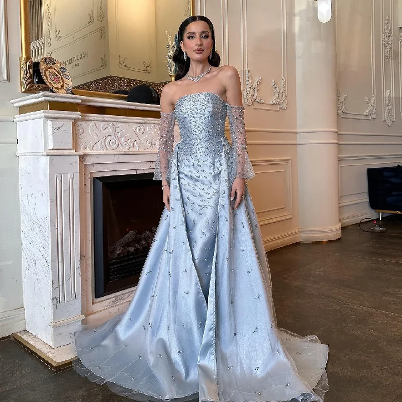 Said Arabic Silver Gray Luxury Dubai Evening Dresses with Overskirt Sleeves Woman Wedding Party Prom Formal Gowns