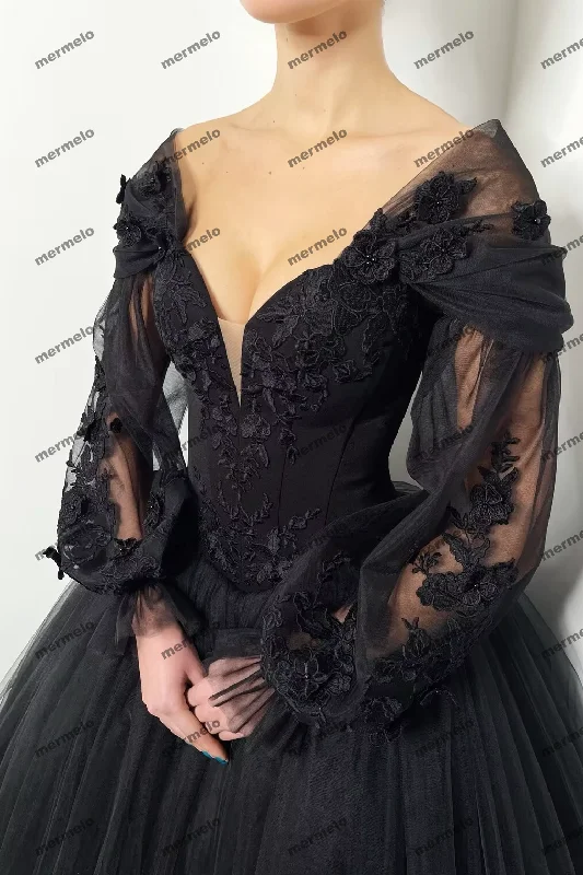 Black Evening Dresses Lace Applique Tulle Off Shoulder Puffy Full Sleeves A Line Long Chapel Train Party Prom Gowns