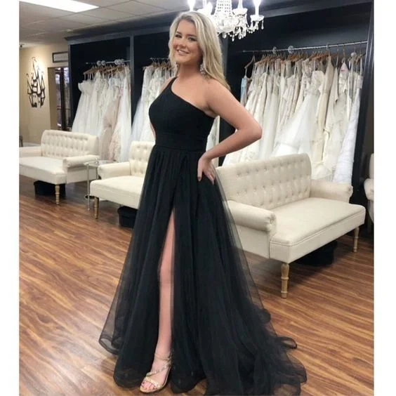 Black Tulle Long Evening Dresses One Shoulder High Slit Elegant A-line Prom Dress Women cg13353 Black Tulle Long Evening Dresses One Shoulder High Slit Elegant A-line Prom Dress Women cg13353