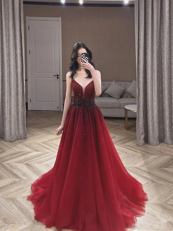 Burgundy Tulle Beaded Long Prom Dress, A-Line Spaghetti Strap Evening Dress cc973