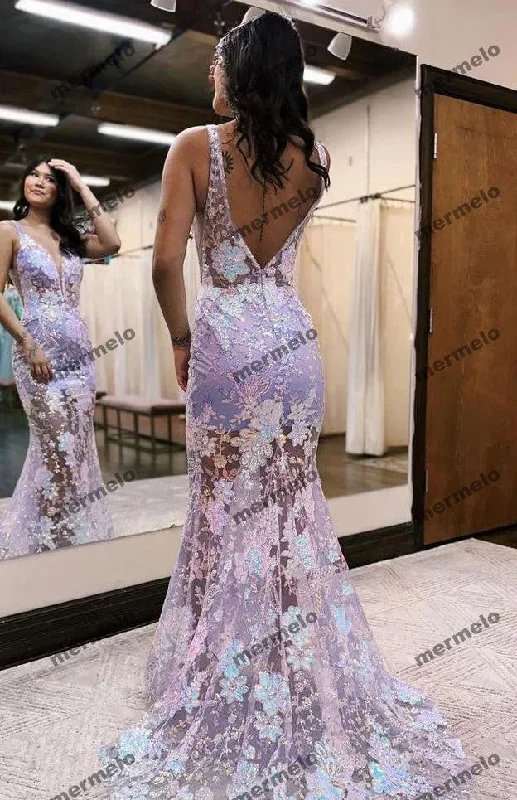 Charming Deep V-Neck Lace Appliques Mermaid Sleeveless Prom Formal Dress