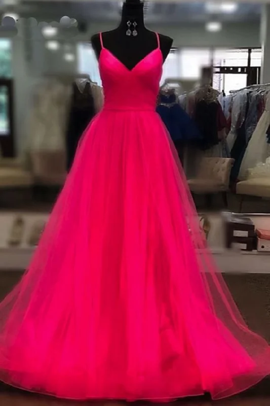 Stylish Fuchsia Coral Tulle Prom Dress Sexy Spaghetti Strap A Line Long Evening Dress Prom dress   cg12943