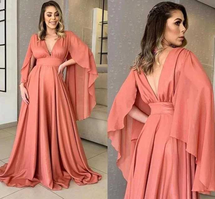 Coral Long Sleeve Evening Dresses 2021 Large Size V Neck A Line Chiffon Formal Party Gowns Backless Women Prom Dress cg13406 Coral Long Sleeve Evening Dresses 2021 Large Size V Neck A Line Chiffon Formal Party Gowns Backless Women Prom Dress cg13406