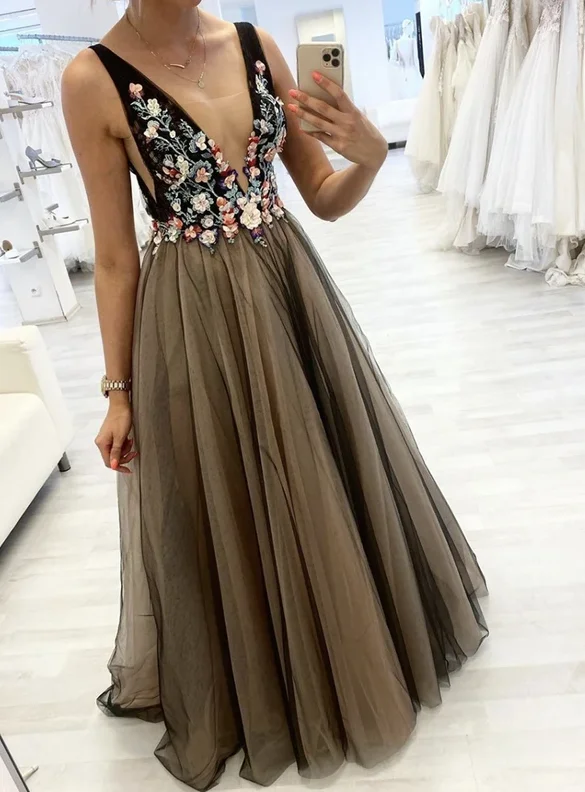 Black v neck tulle applique prom dress evening dress    cg12961