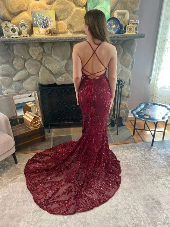 V Neck Burgundy Prom Dresses Evening Gowns With Sequin Appliques cc1136