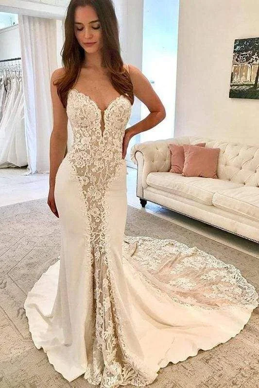 Ivory Satin Gorgeous Lace Spaghetti Strap Vintage Mermaid Wedding prom Dress    cg12795