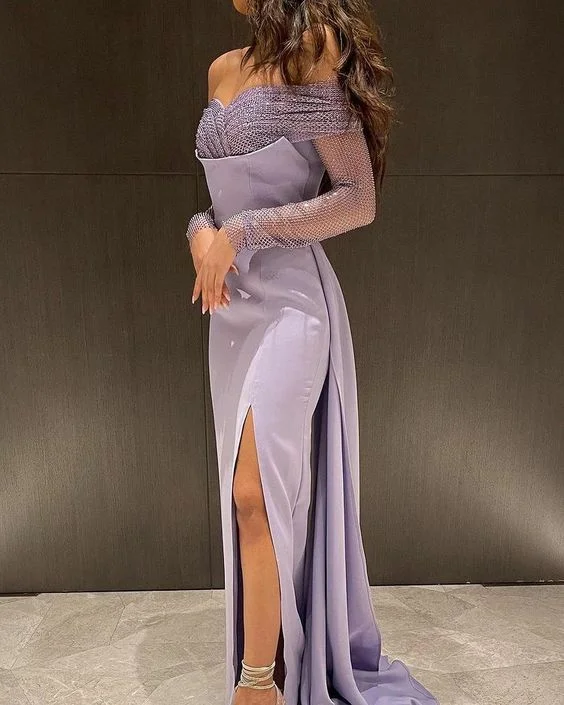 Off The Shoulder Lavender Evening Dress With Slit cc983