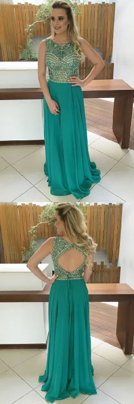 A-Line Jewel Sweep Train Green Chiffon Open Back Prom Dress With Beading   cg13213