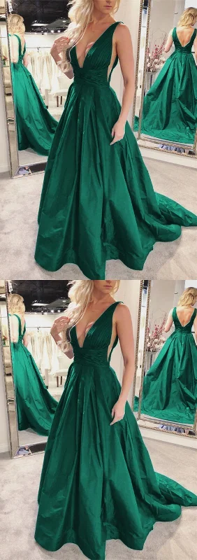 Sexy Plunge V-neck Long Taffeta Green Prom Dresses   cg12971