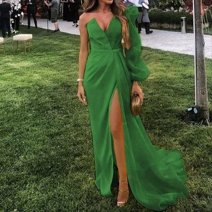 Sexy V Collar Single Sleeve Solid Color Stitching Evening Dresses prom dress with split cg13198 Sexy V Collar Single Sleeve Solid Color Stitching Evening Dresses prom dress with split cg13198
